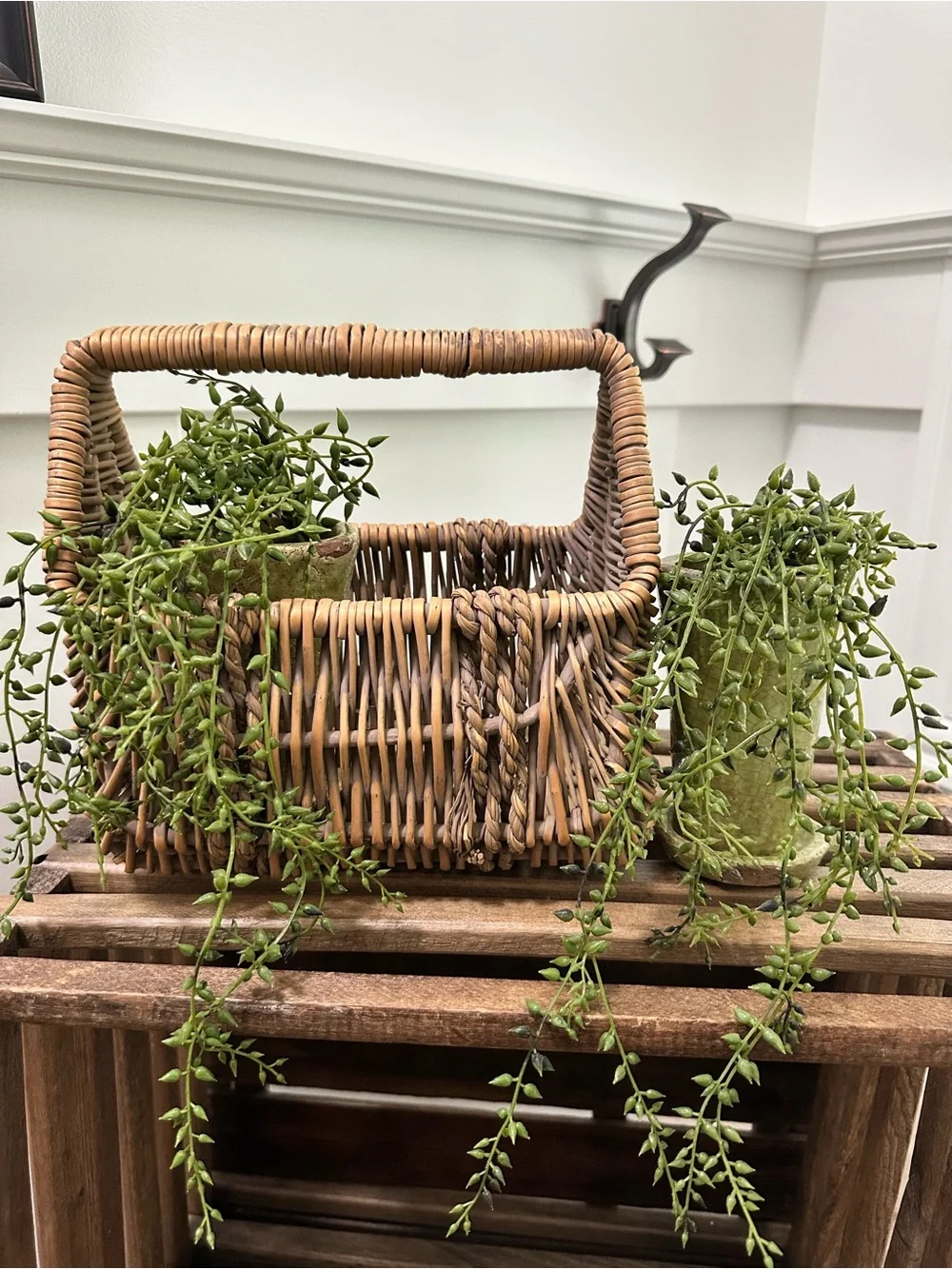 Woven Rattan Basket with Handle in Natural Brown & 2 Tall Ceramic Plant Pots Lot